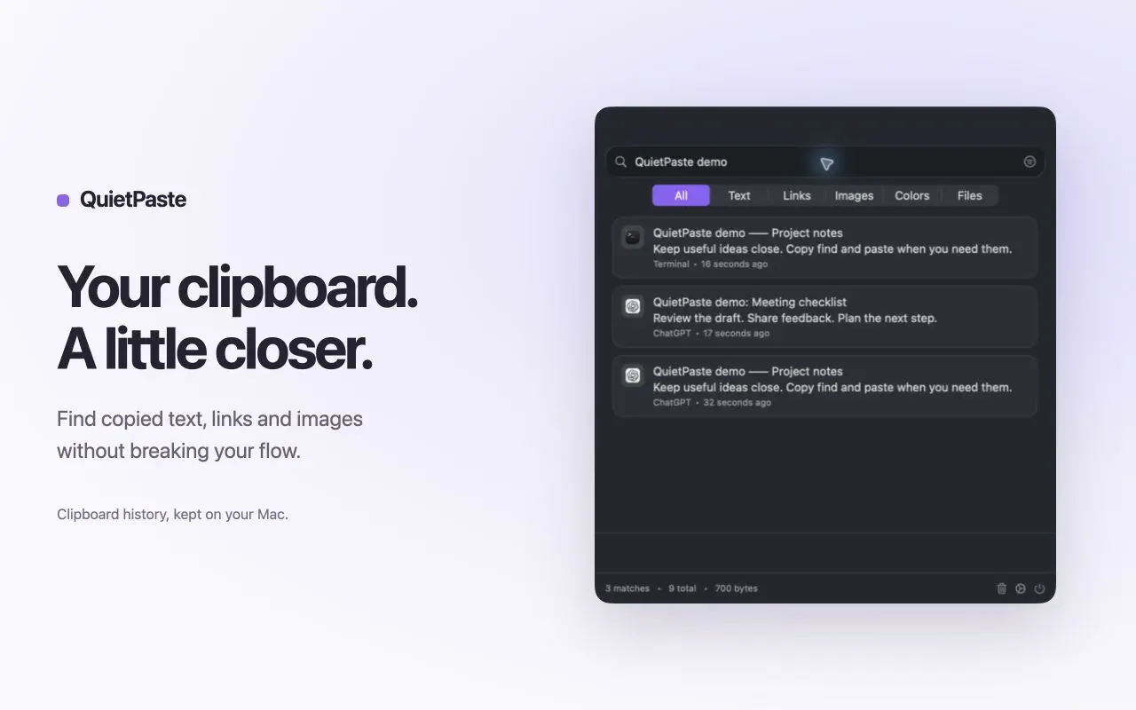 QuietPaste clipboard history with text, links and images, as shown in the App Store