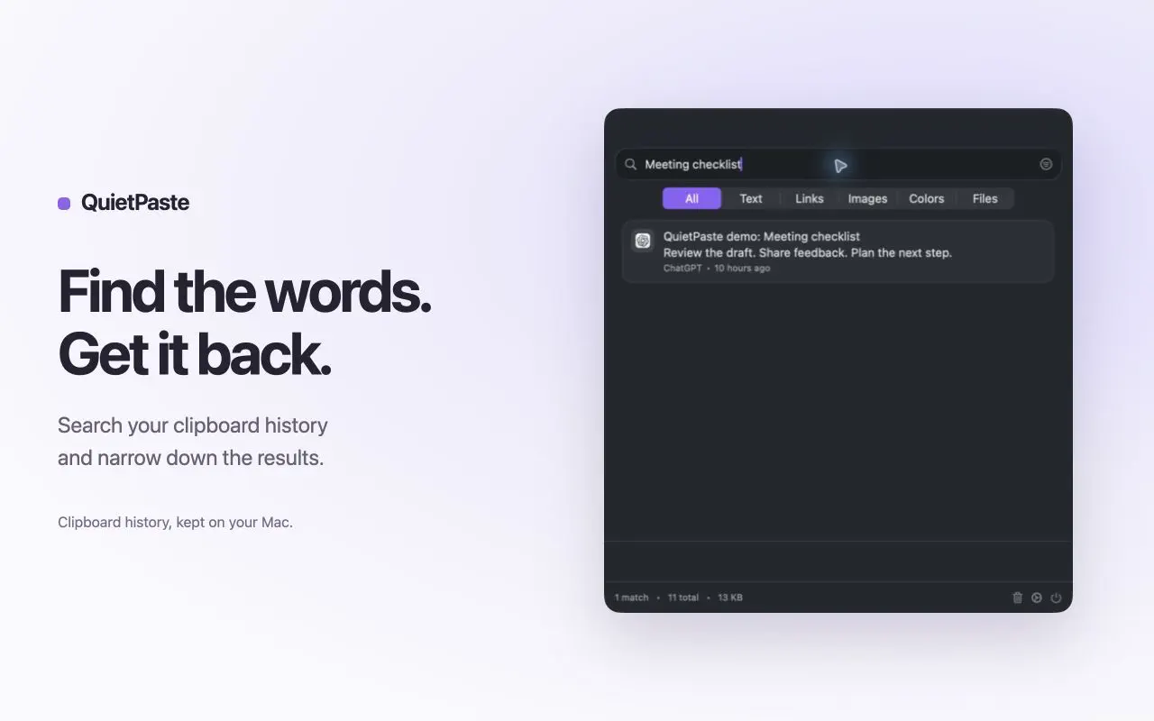 App Store screenshot showing QuietPaste searching clipboard history